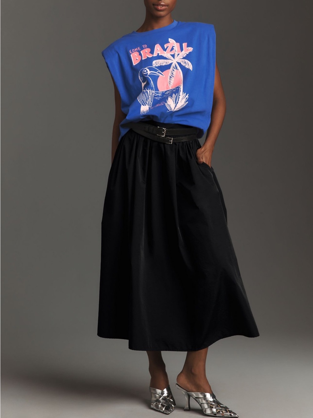 Farm Rio Brazil Blue Graphic Sleeveless Tee with Pink Print - Picture 2 of 4